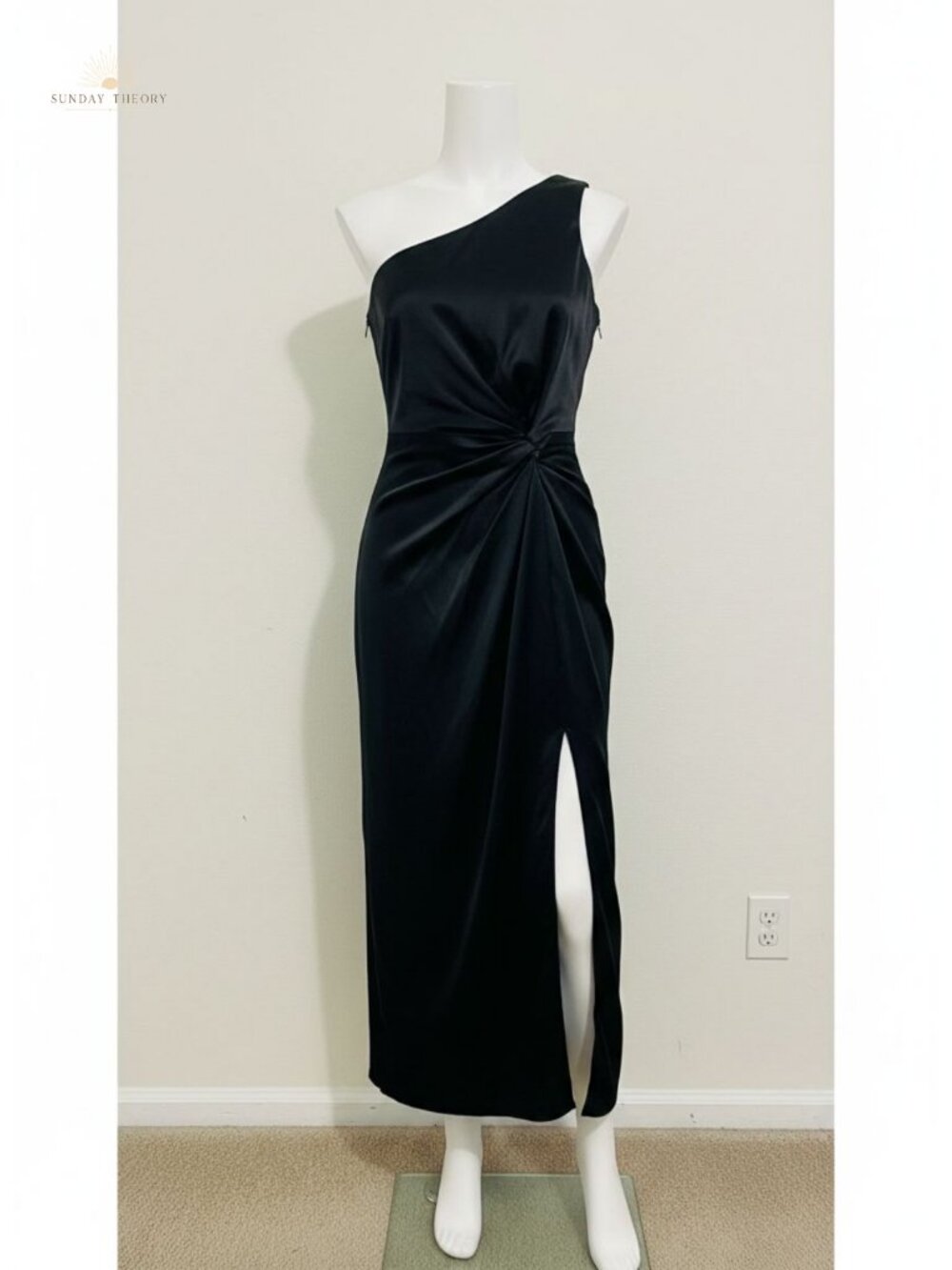 One Shoulder Satin Midi Dress Backless Ruched Twist Front Cocktail Party